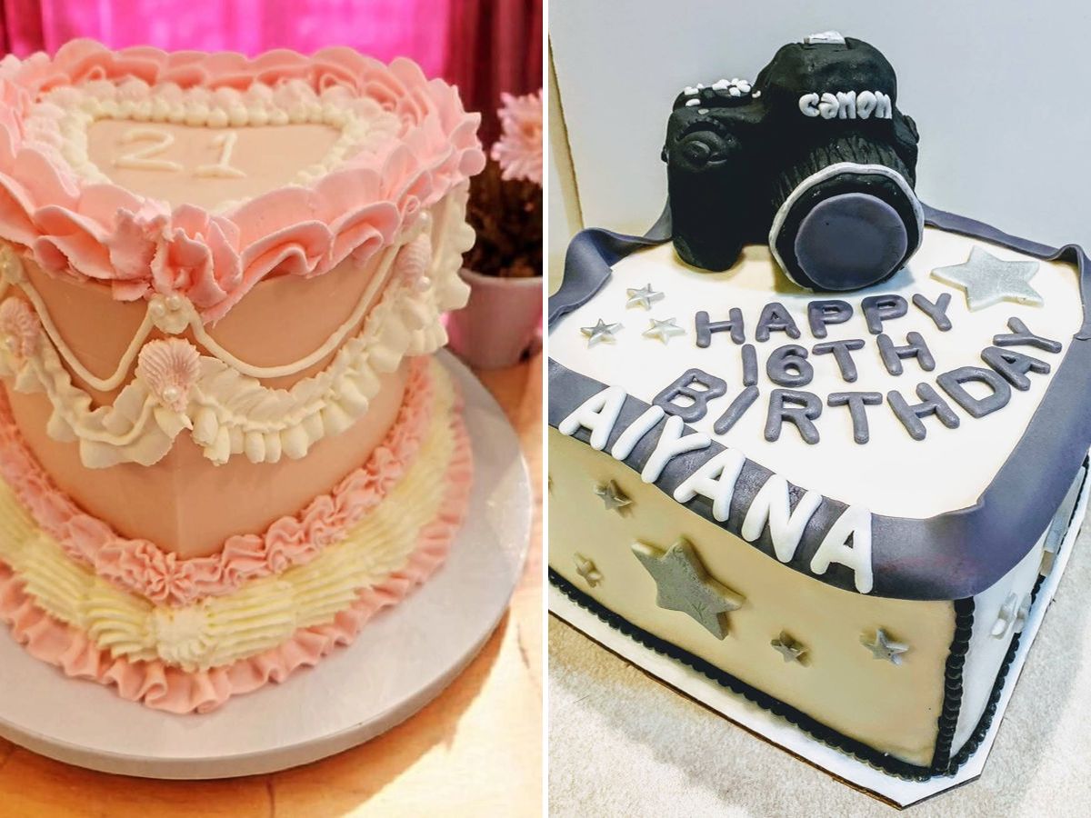 A vintage heart-shaped 21st birthday cake next to a square sweet 16 camera cake