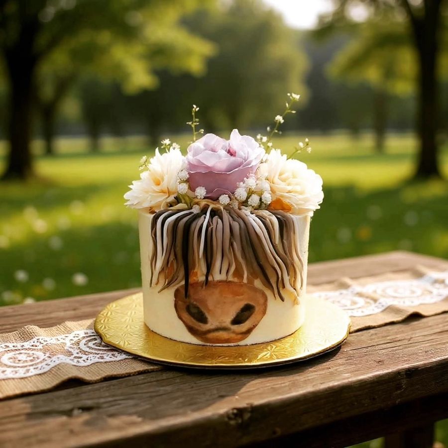 Highland cow face cake with flowers